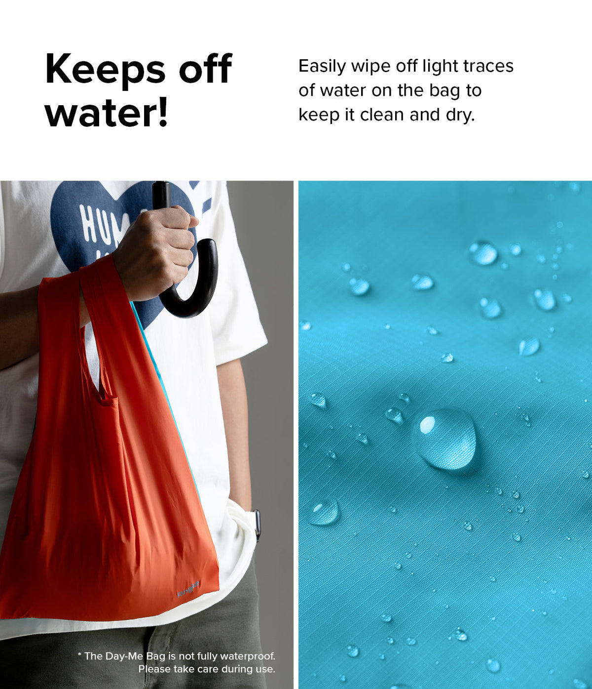 Day-Me Bag - A person holding an orange bag and umbrella next to a close-up of water droplets beading on blue fabric.