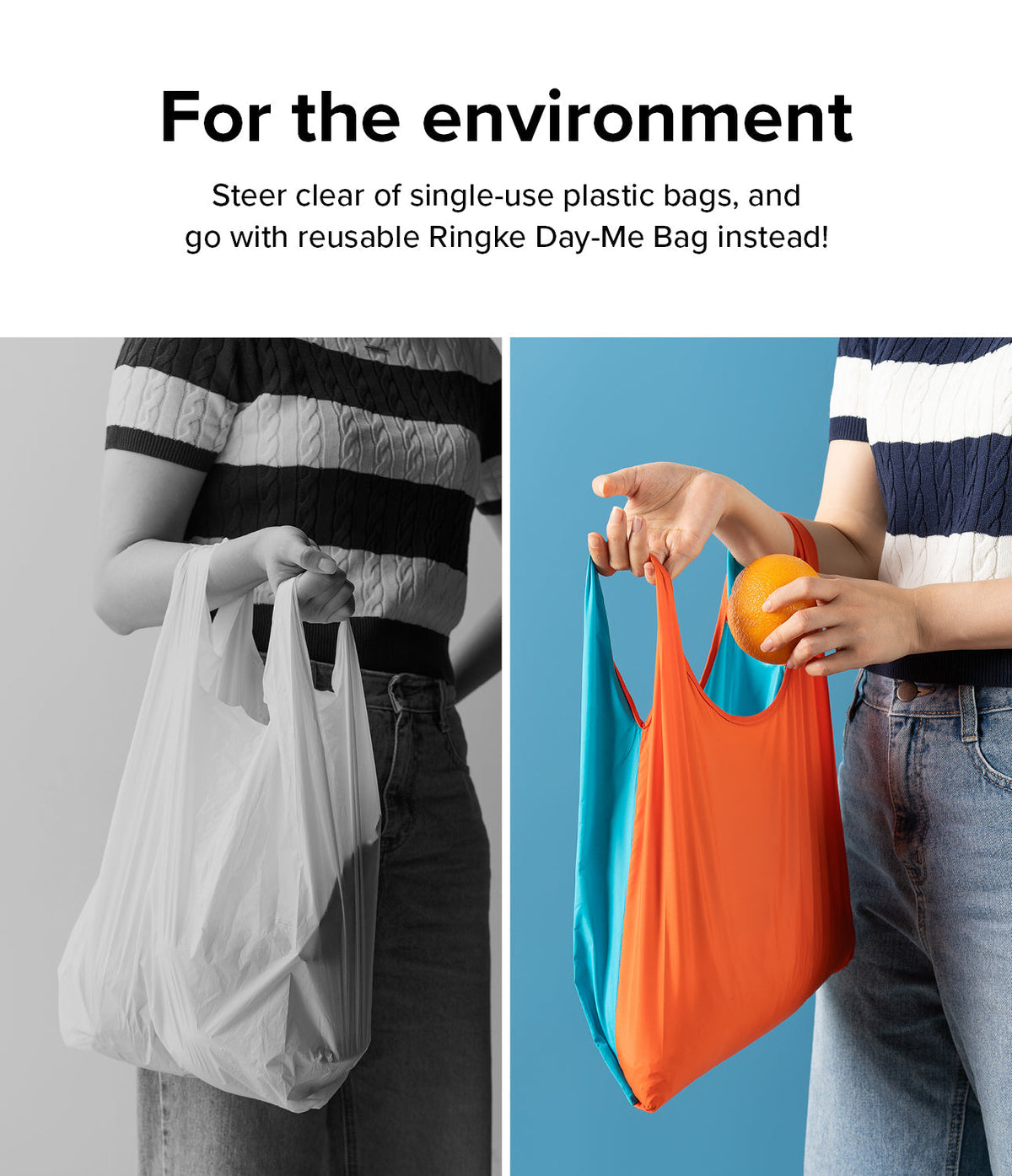 Day-Me Bag - Comparison of a person holding a single-use plastic bag versus a colorful, reusable Ringke Day-Me Bag.