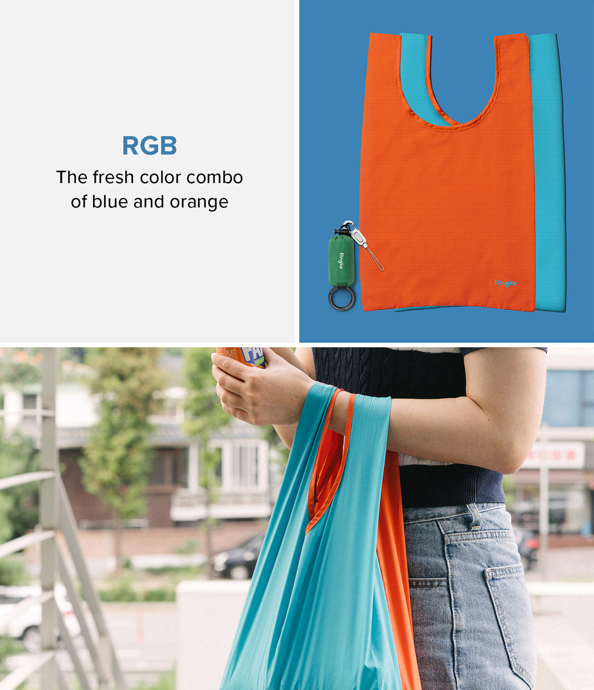Day-Me Bag - Orange and blue reusable tote bag shown folded with a carabiner and being carried by a person.