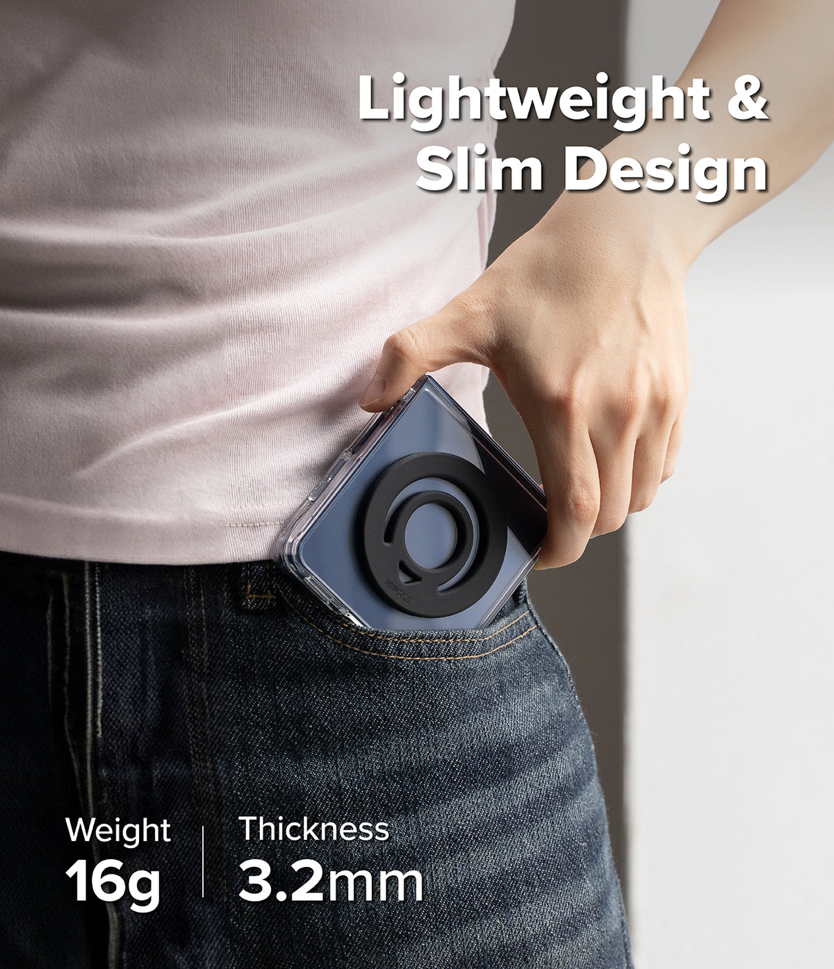 Dual Magnetic Silicone Ring - Person wearing a small, compact device on their waist with text highlighting its lightweight and slim design.