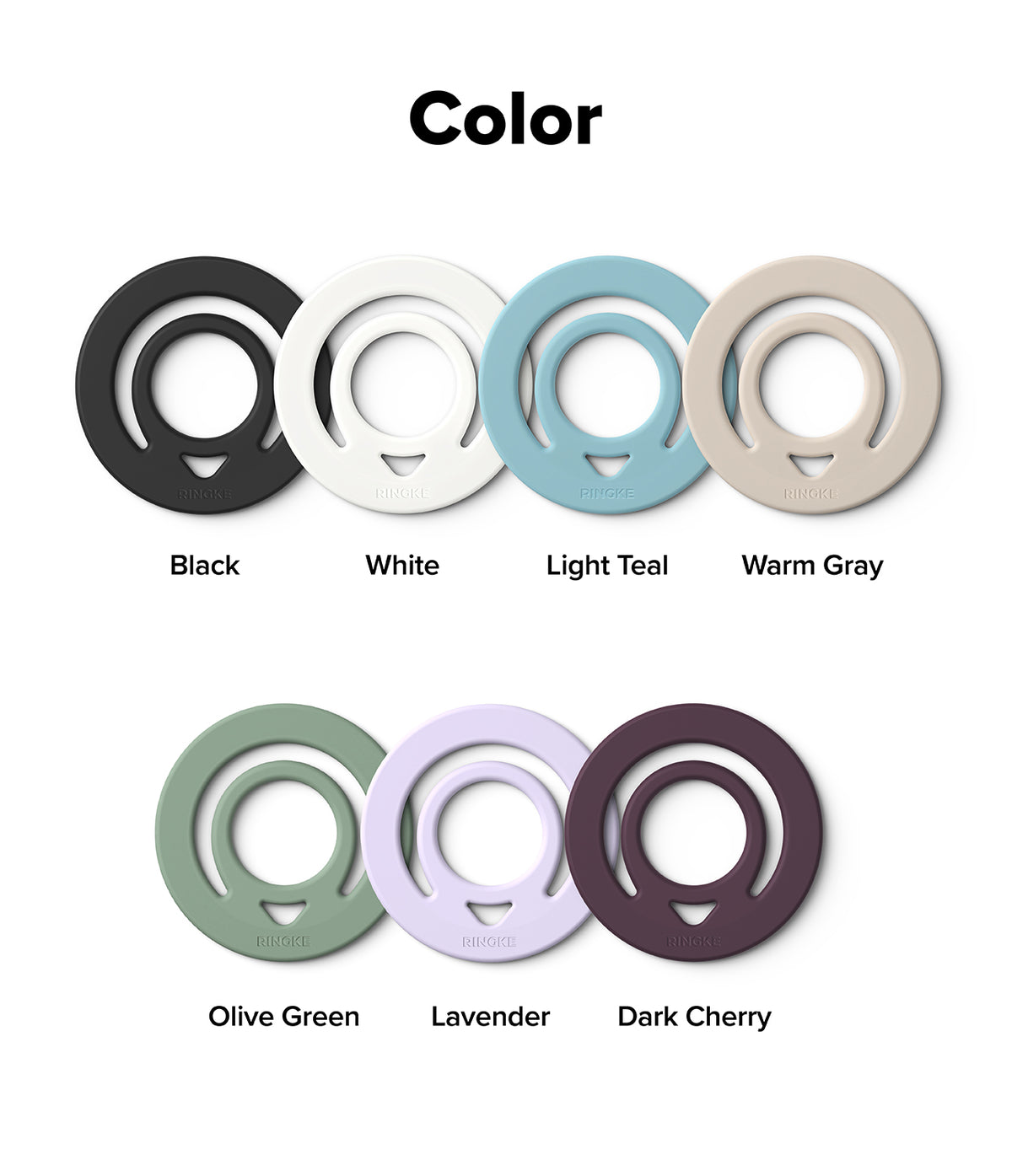 Dual Magnetic Silicone Ring - Color options chart showing circular ring-shaped accessories in multiple shades: Black, White, Light Teal, Warm Gray, Olive Green, Lavender, and Dark Cherry, arranged on a white background under the heading 'Color'.
