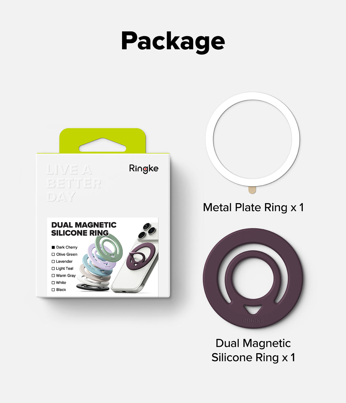 Dual Magnetic Silicone Ring - Product package and components for a Ringke Dual Magnetic Silicone Ring on a light gray background. The package is white with a lime green tab and shows the Ringke branding.