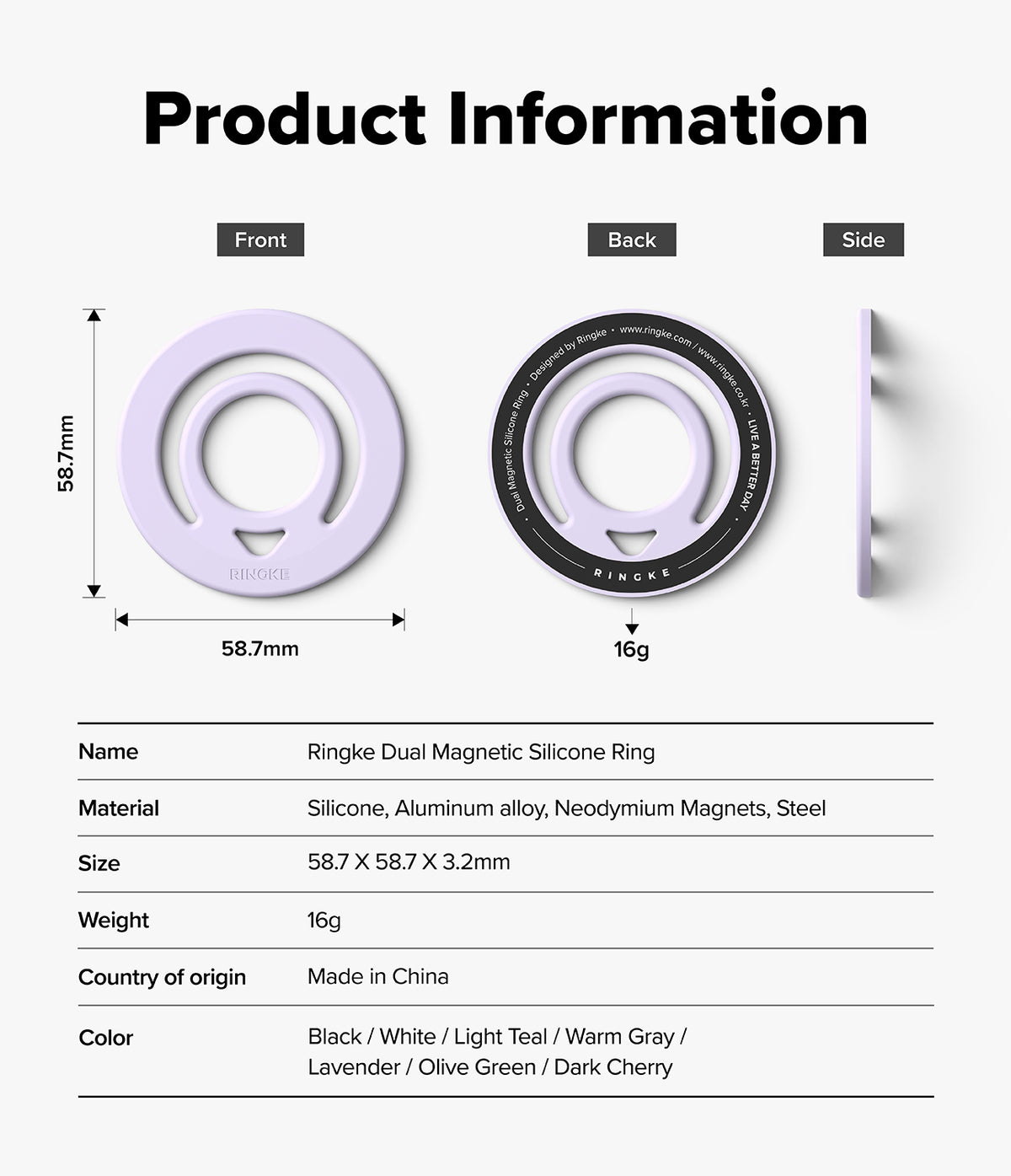 Dual Magnetic Silicone Ring - Product information diagram showing a ring-shaped magnetic accessory from front, back, and side views, with dimensions, weight (16g), and a list of available colors on a light gray background.