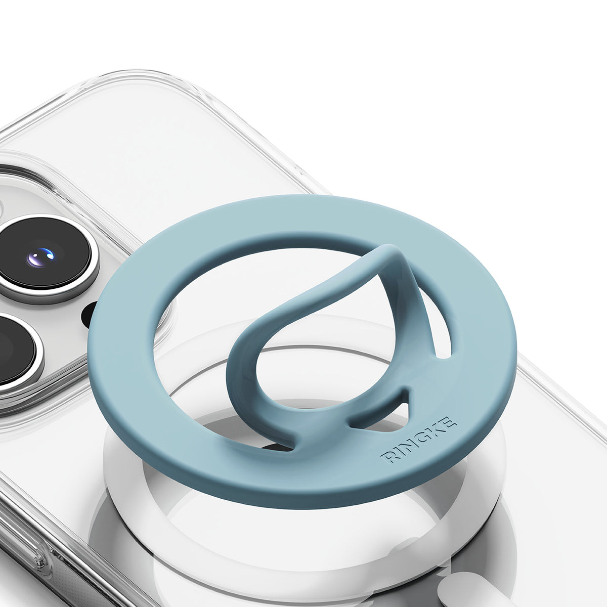 Dual Magnetic Silicone Ring - A light blue silicone ring grip attached to a clear phone case with a magnetic ring mount.