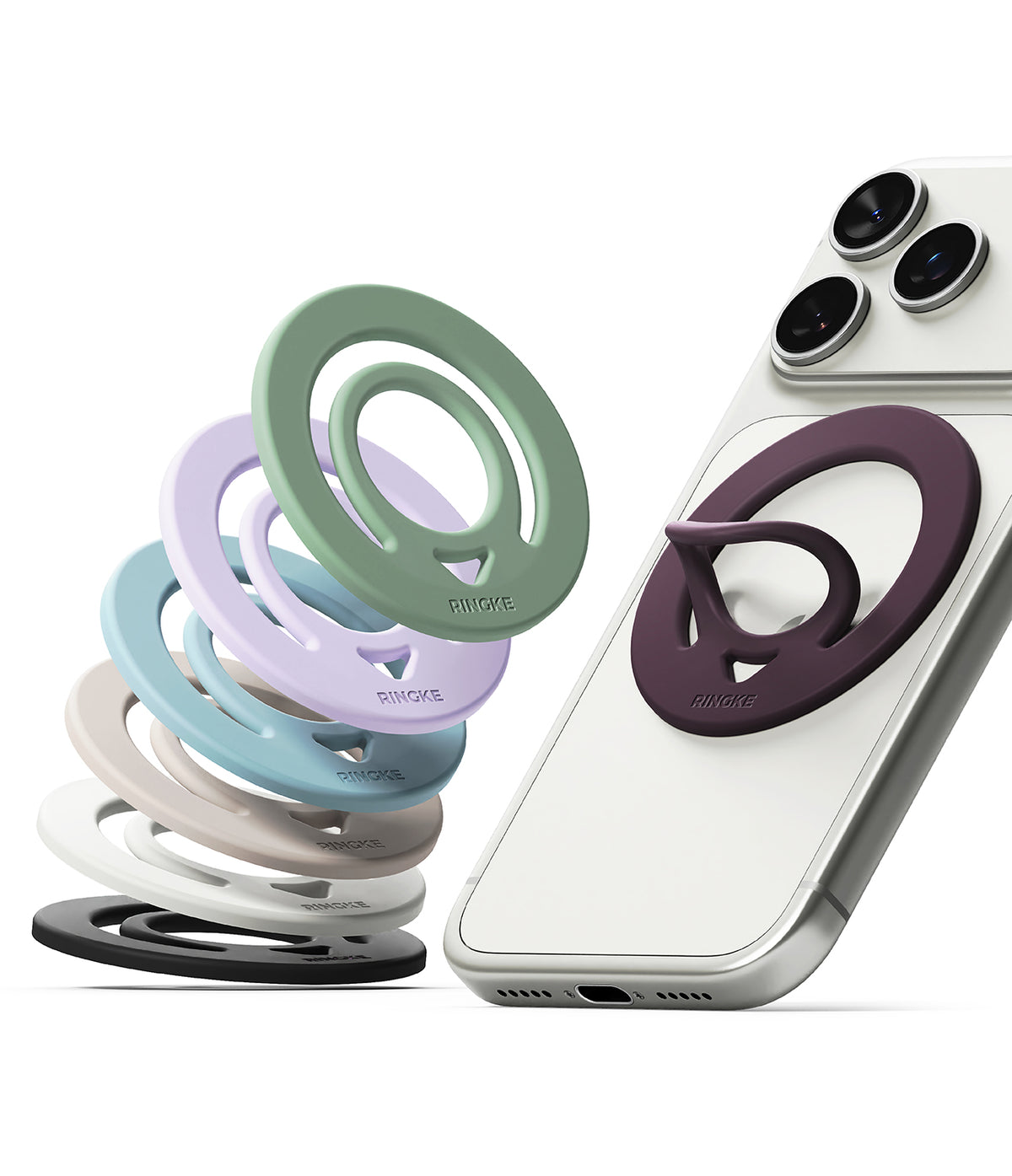 Dual Magnetic Silicone Ring - Magnetic silicone phone ring grip shown attached to a smartphone, with multiple color options displayed.