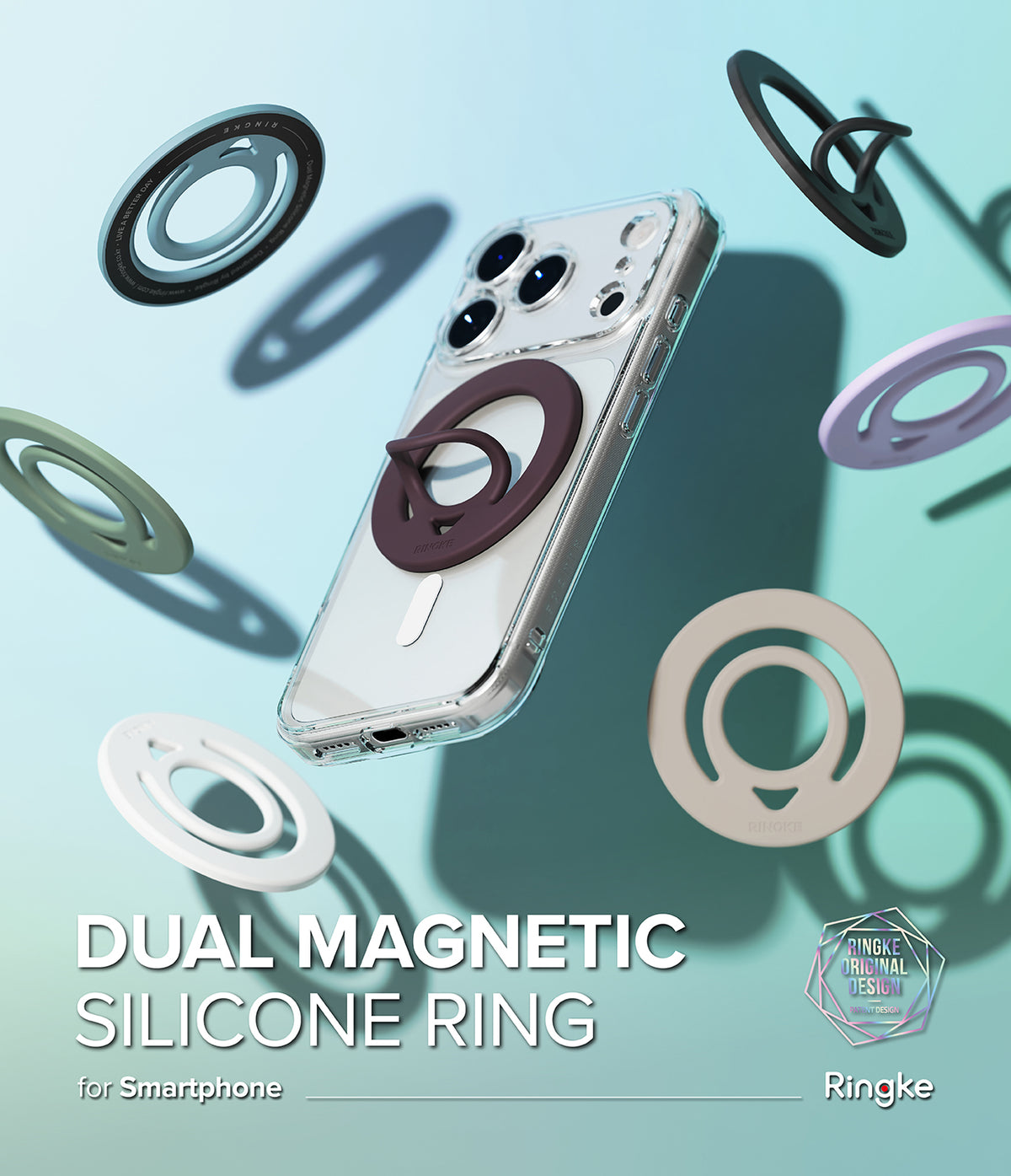 Dual Magnetic Silicone Ring - A clear smartphone case with a dark brown magnetic ring accessory, shown floating on a light aqua background with several additional silicone rings in different colors. Text at the bottom reads 'DUAL MAGNETIC SILICONE RING for Smartphone' and the Ringke logo appears in the lower right.