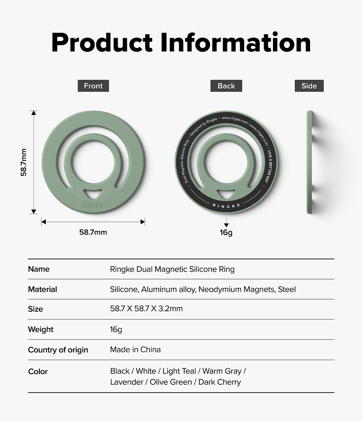 Dual Magnetic Silicone Ring - Product information graphic for a Ringke Dual Magnetic Silicone Ring, showing front, back, and side views with dimensions, weight, and a list of available colors on a light gray background.