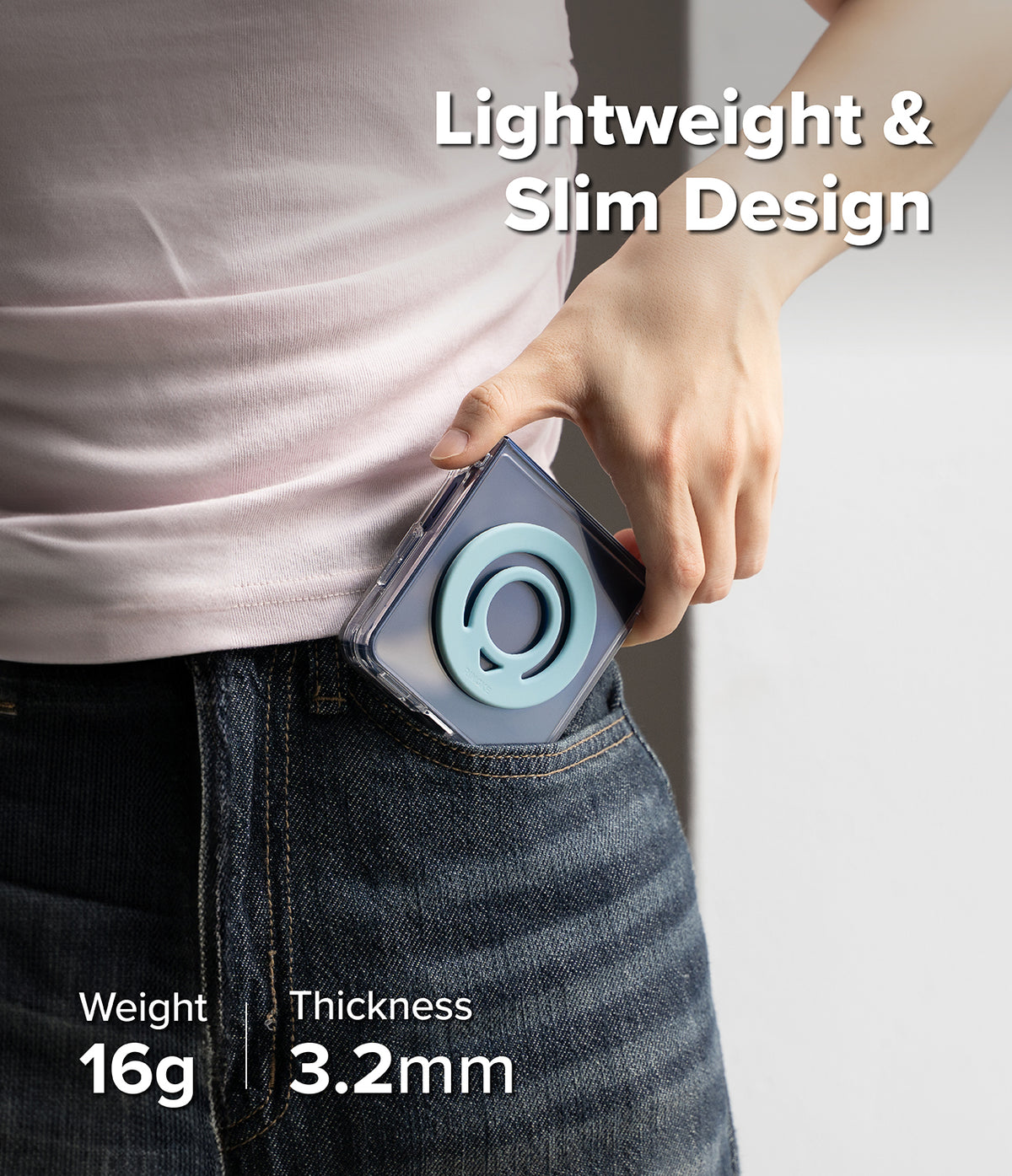 Dual Magnetic Silicone Ring - Person holding a small, rectangular device with text highlighting its lightweight and slim design.