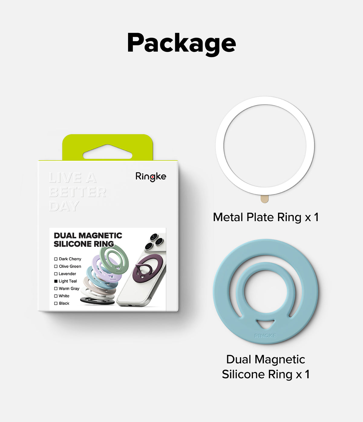 Dual Magnetic Silicone Ring - Product package and included components for a Ringke dual magnetic silicone ring, shown on a light gray background with text labels. The package is white with a lime green tab, next to a white metal plate ring and a light blue silicone ring.