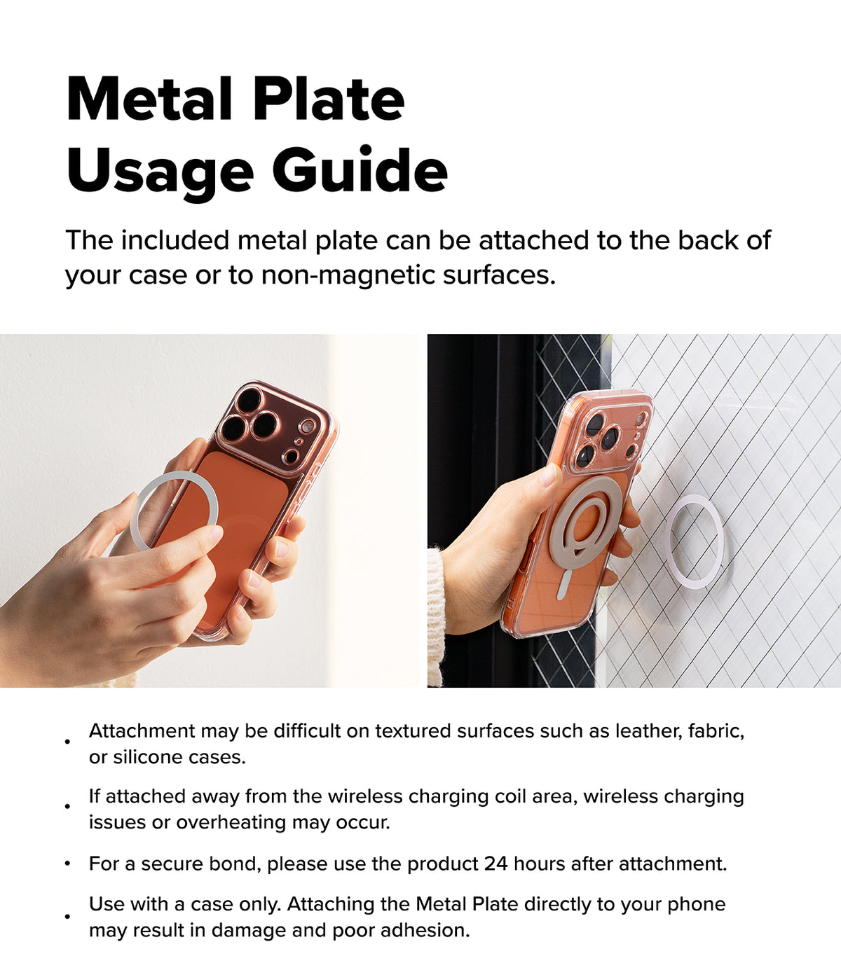 Dual Magnetic Silicone Ring - Metal plate usage guide with images of a phone case and metal plate attachment.