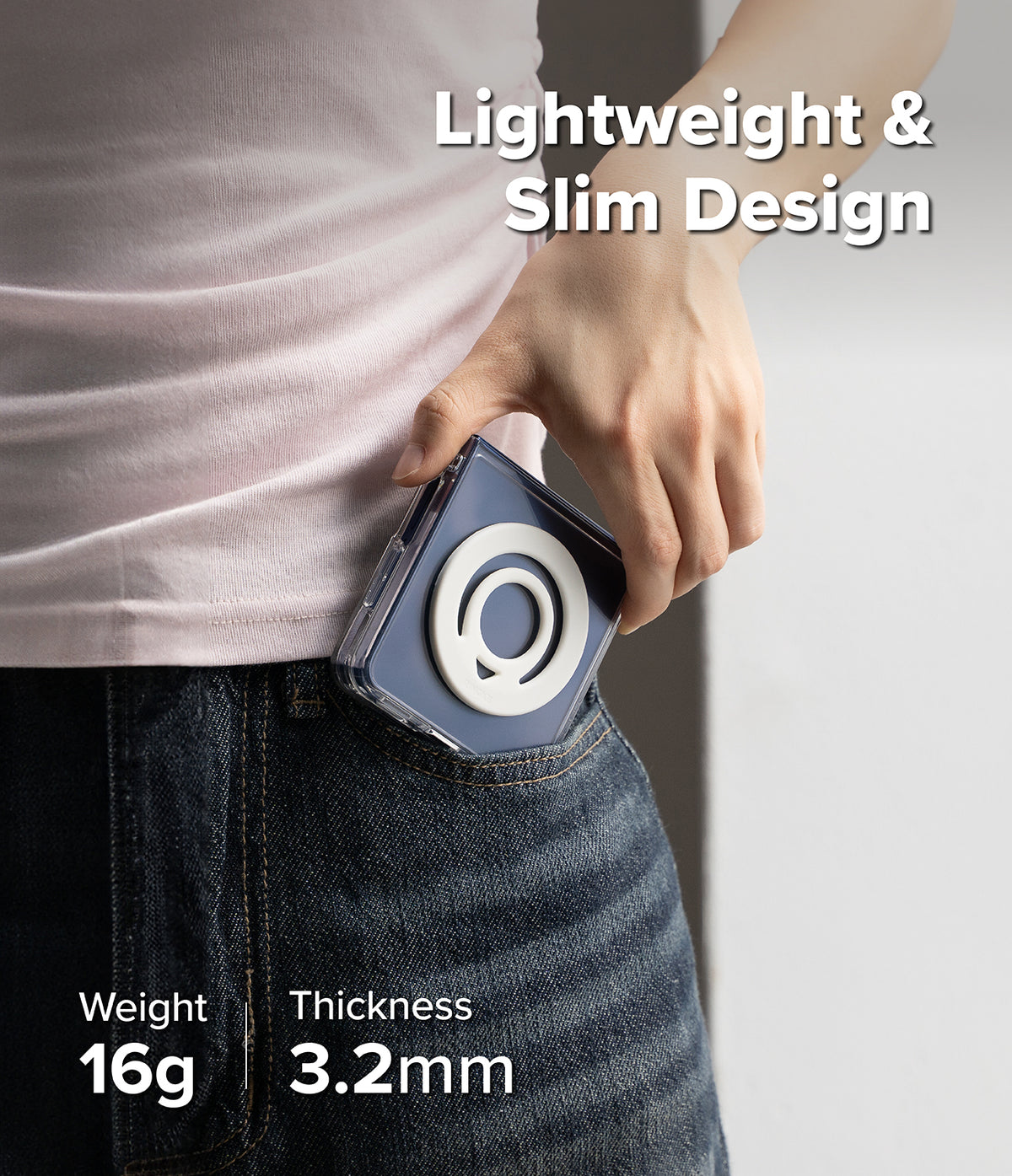 Dual Magnetic Silicone Ring - Person holding a small device, with text highlighting its lightweight and slim design.