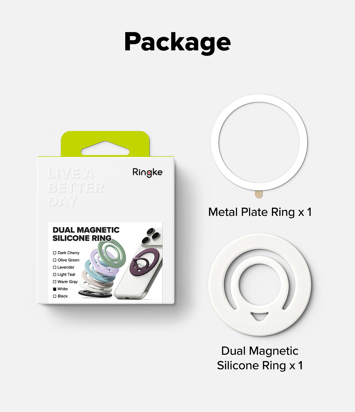 Dual Magnetic Silicone Ring - Product packaging and components for a Ringke Dual Magnetic Silicone Ring on a light gray background. The image shows the retail box alongside two white rings: a flat circular metal plate ring and a dual magnetic silicone ring.