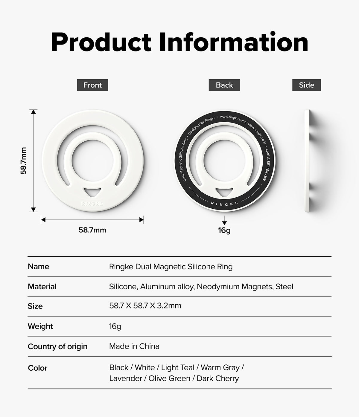 Dual Magnetic Silicone Ring - Product information graphic for a Ringke Dual Magnetic Silicone Ring, showing front, back, and side views with dimensions and a specification table below.