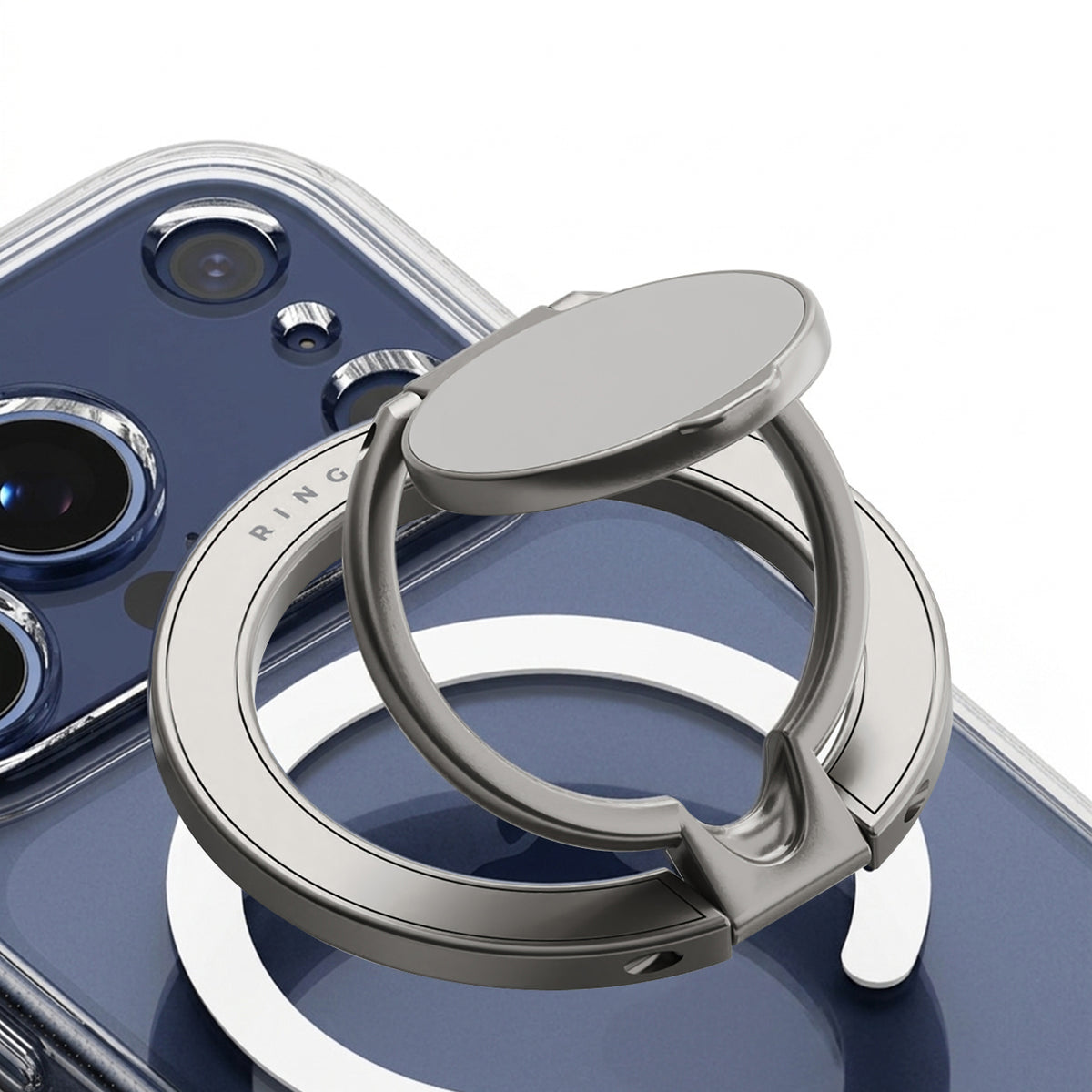 Dual Magnetic Smart Holder - Silver magnetic ring phone stand attached to the back of a blue smartphone case.