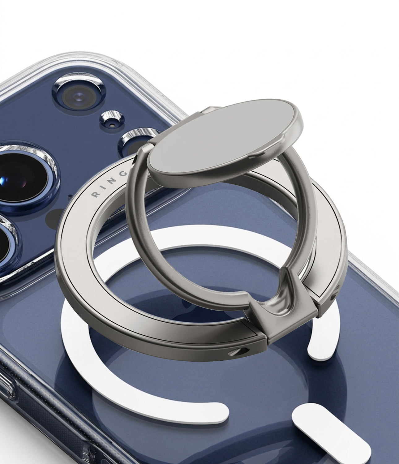 Dual Magnetic Smart Holder - Silver magnetic ring phone stand attached to the back of a blue smartphone case.