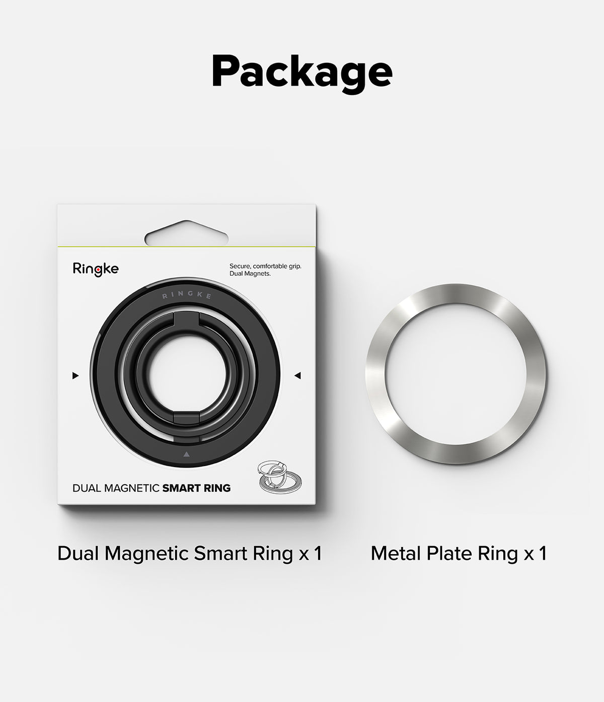 Dual Magnetic Smart Ring - Package contents showing one black magnetic ring in retail packaging and one silver metal plate.