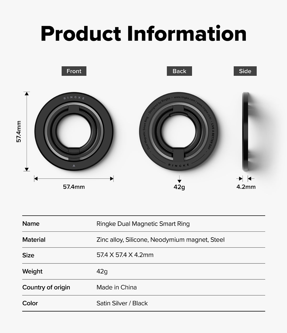 Dual Magnetic Smart Ring - Technical diagram showing front, back, and side views with dimensions, weight, and specifications.