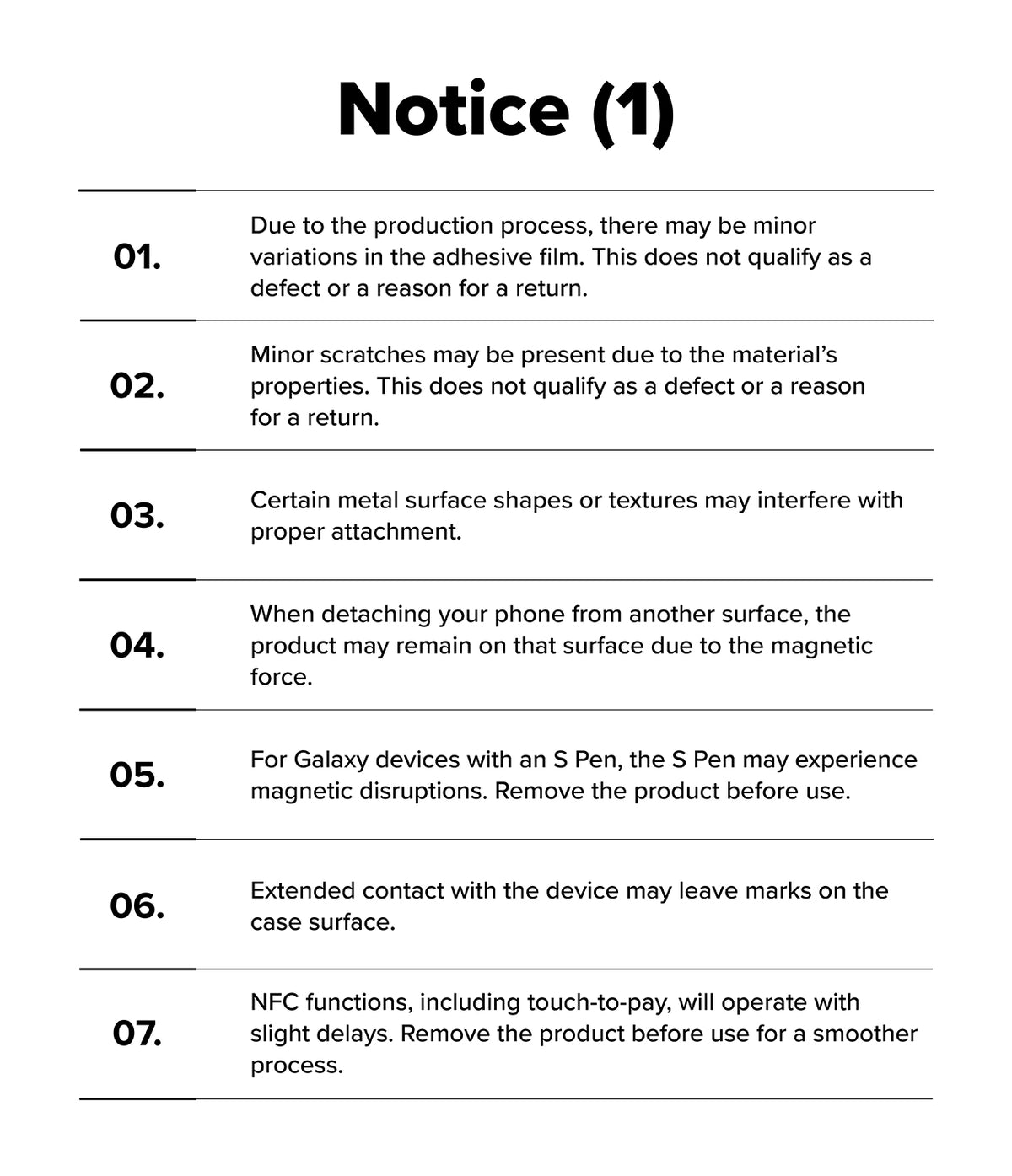 Dual Magnetic Smart Ring - A numbered list of seven notices regarding product characteristics, usage, and potential limitations.