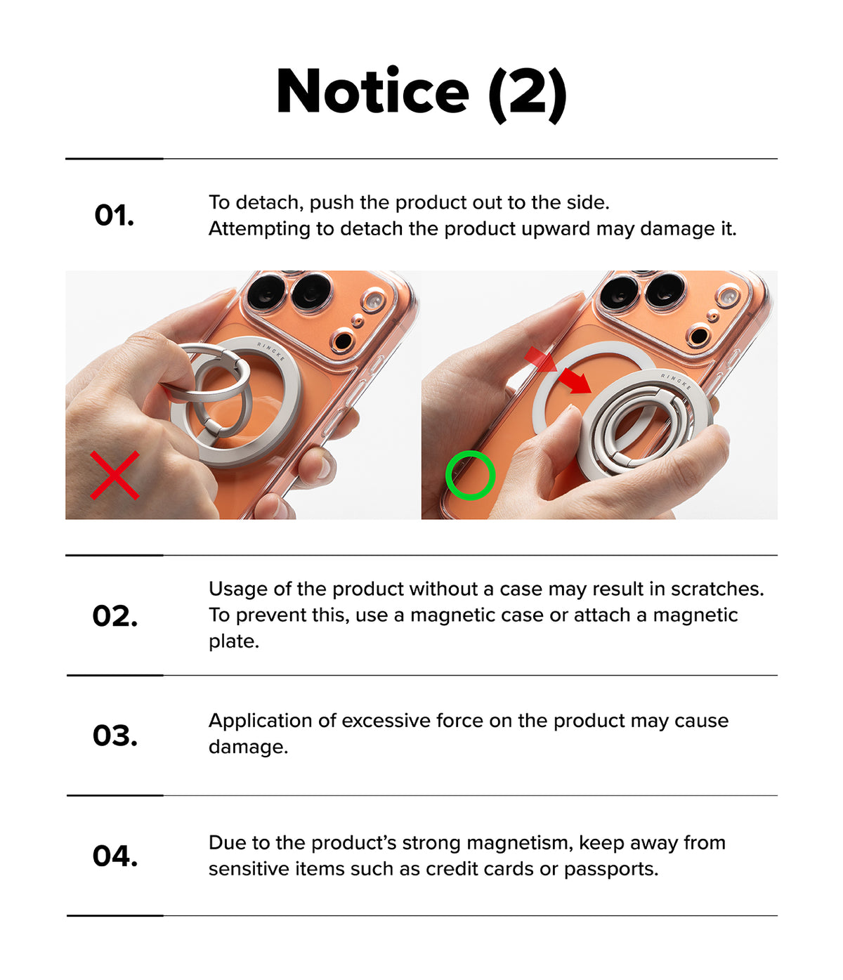 Dual Magnetic Smart Ring - Instructional graphic showing how to slide the ring off the phone case to avoid damage.