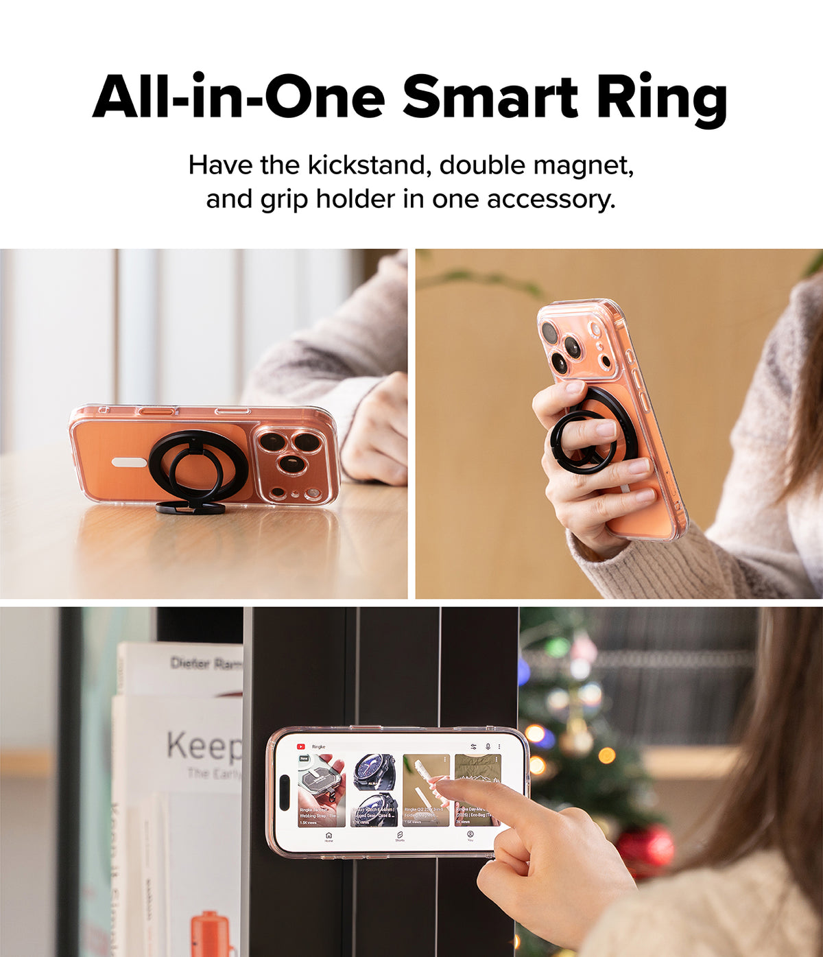 Dual Magnetic Smart Ring - A black magnetic ring on a phone used as a kickstand, finger grip, and wall mount.