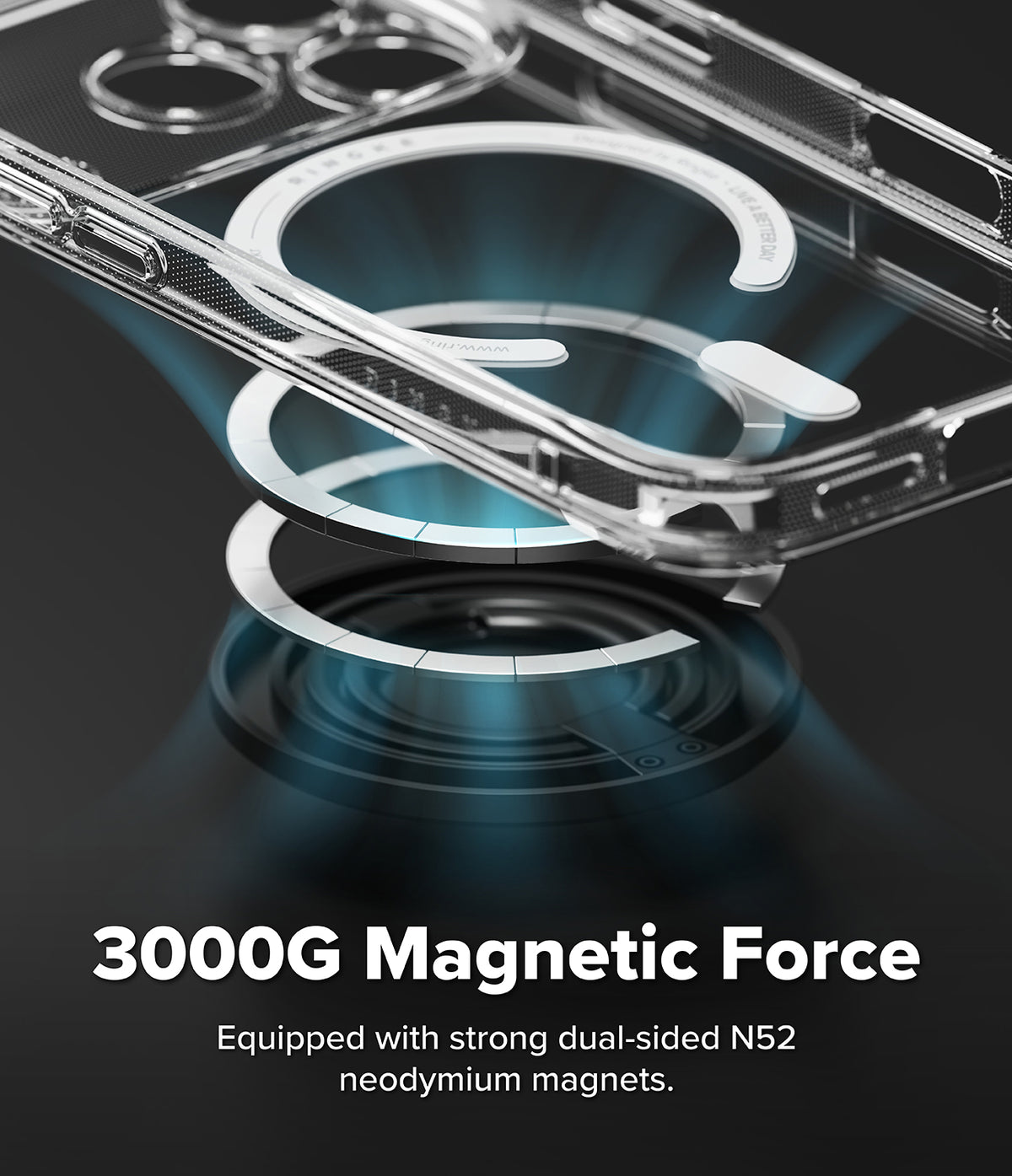 Dual Magnetic Smart Ring - Transparent phone case with two floating magnetic rings emitting a blue glow on a dark background.