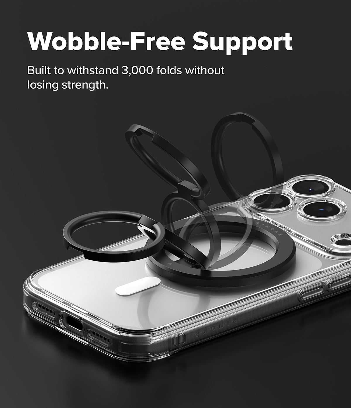Dual Magnetic Smart Ring - Black magnetic ring stand on a clear phone case showing multiple folding positions.