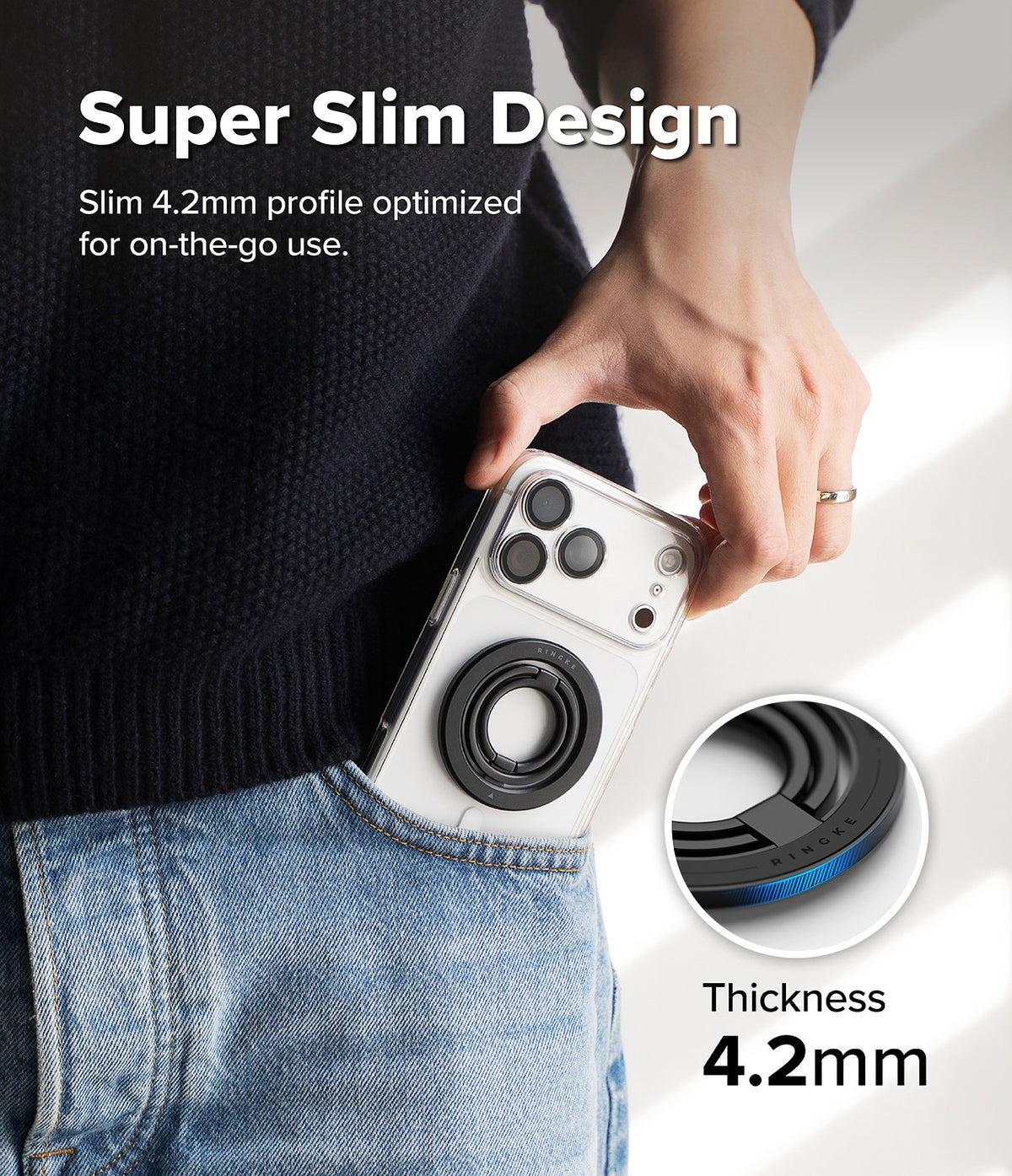 Dual Magnetic Smart Ring - A slim 4.2mm magnetic ring attached to a phone case, shown being placed into a jeans pocket.