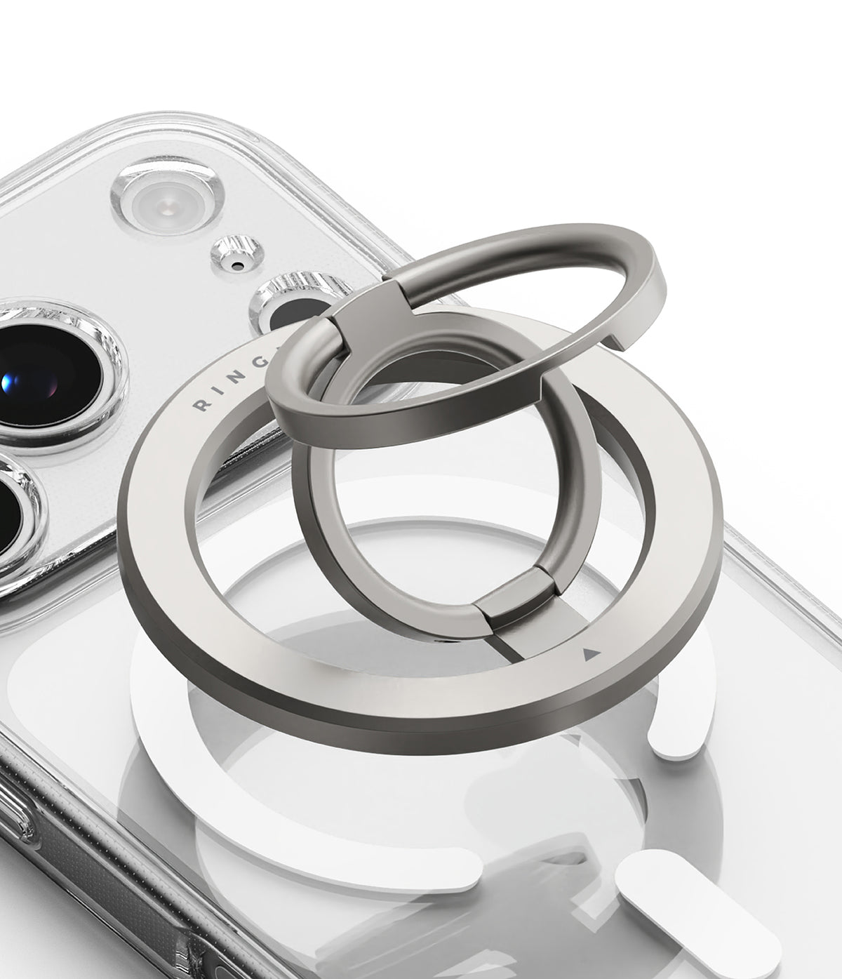 Dual Magnetic Smart Ring - A silver dual-ring magnetic phone grip attached to the back of a clear smartphone case.