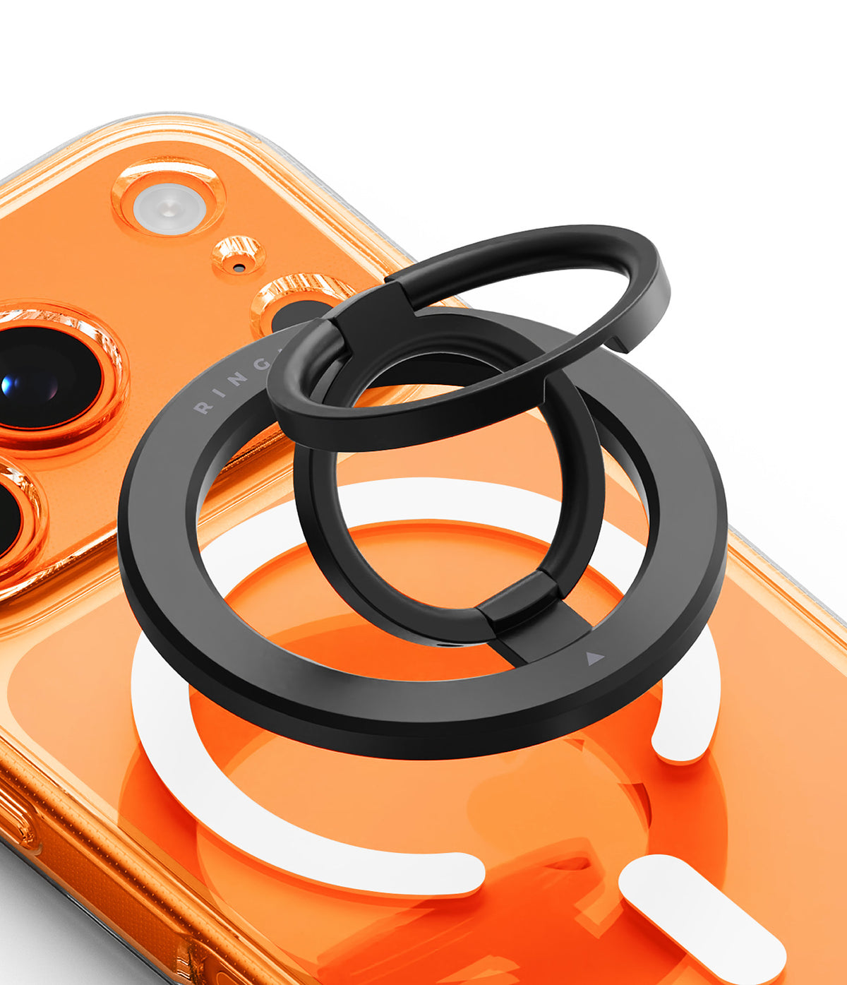 Dual Magnetic Smart Ring - Black dual-ring magnetic phone grip attached to the back of an orange smartphone.