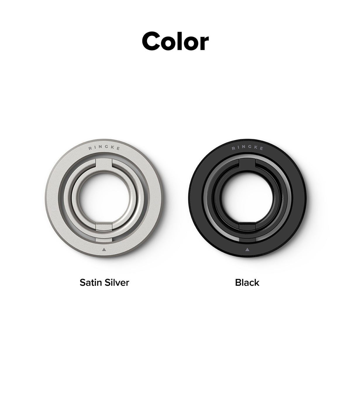 Dual Magnetic Smart Ring - Satin Silver and black magnetic phone rings displayed side-by-side on a white background.