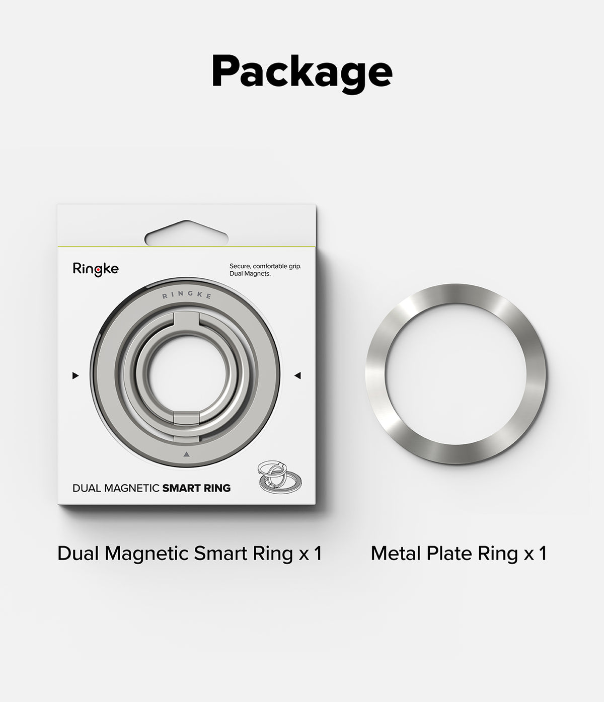 Dual Magnetic Smart Ring - A Ringke smart ring in its retail packaging next to a separate silver metal plate ring.