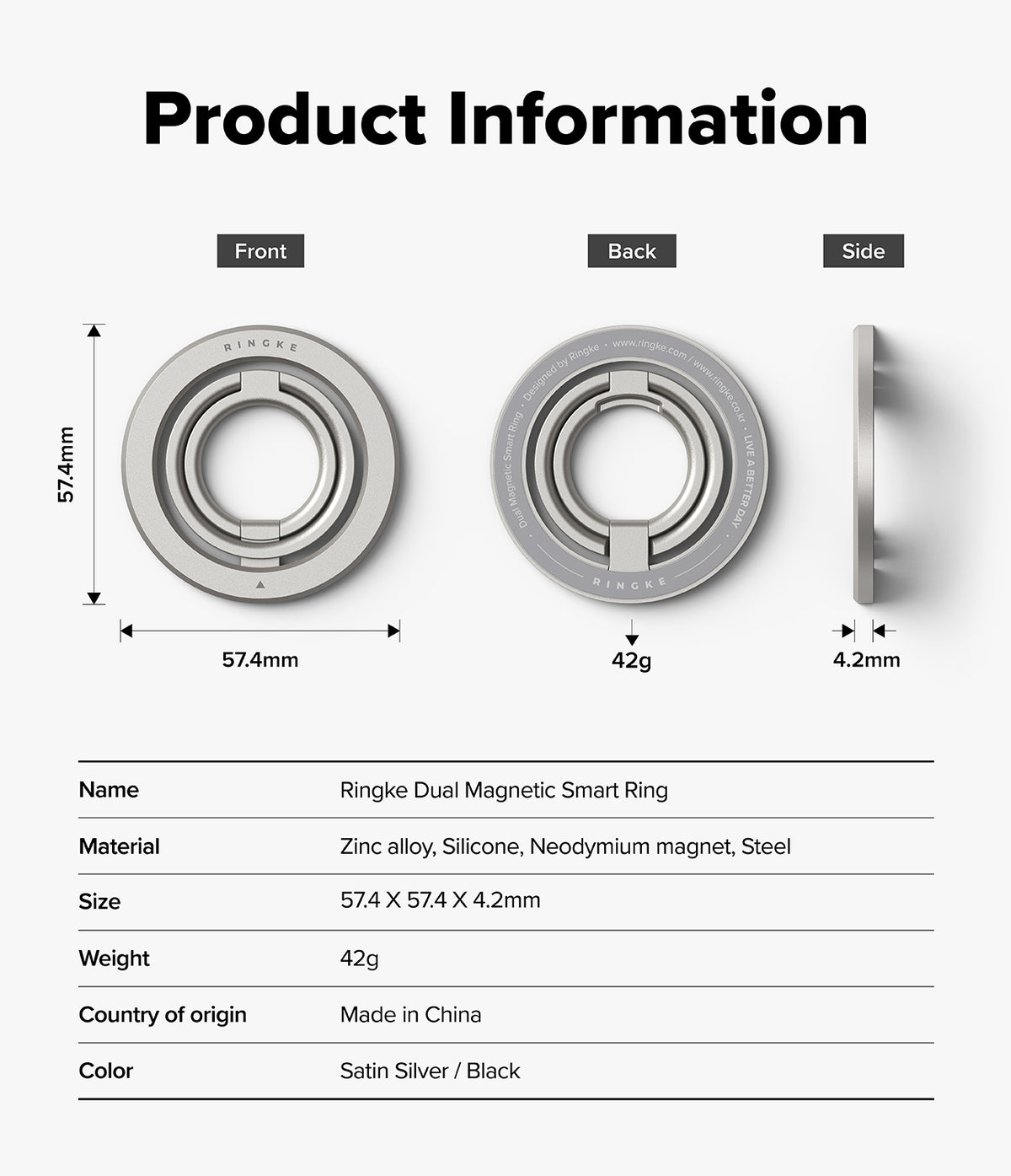 Dual Magnetic Smart Ring - Technical diagram showing front, back, and side views with dimensions and material specifications.