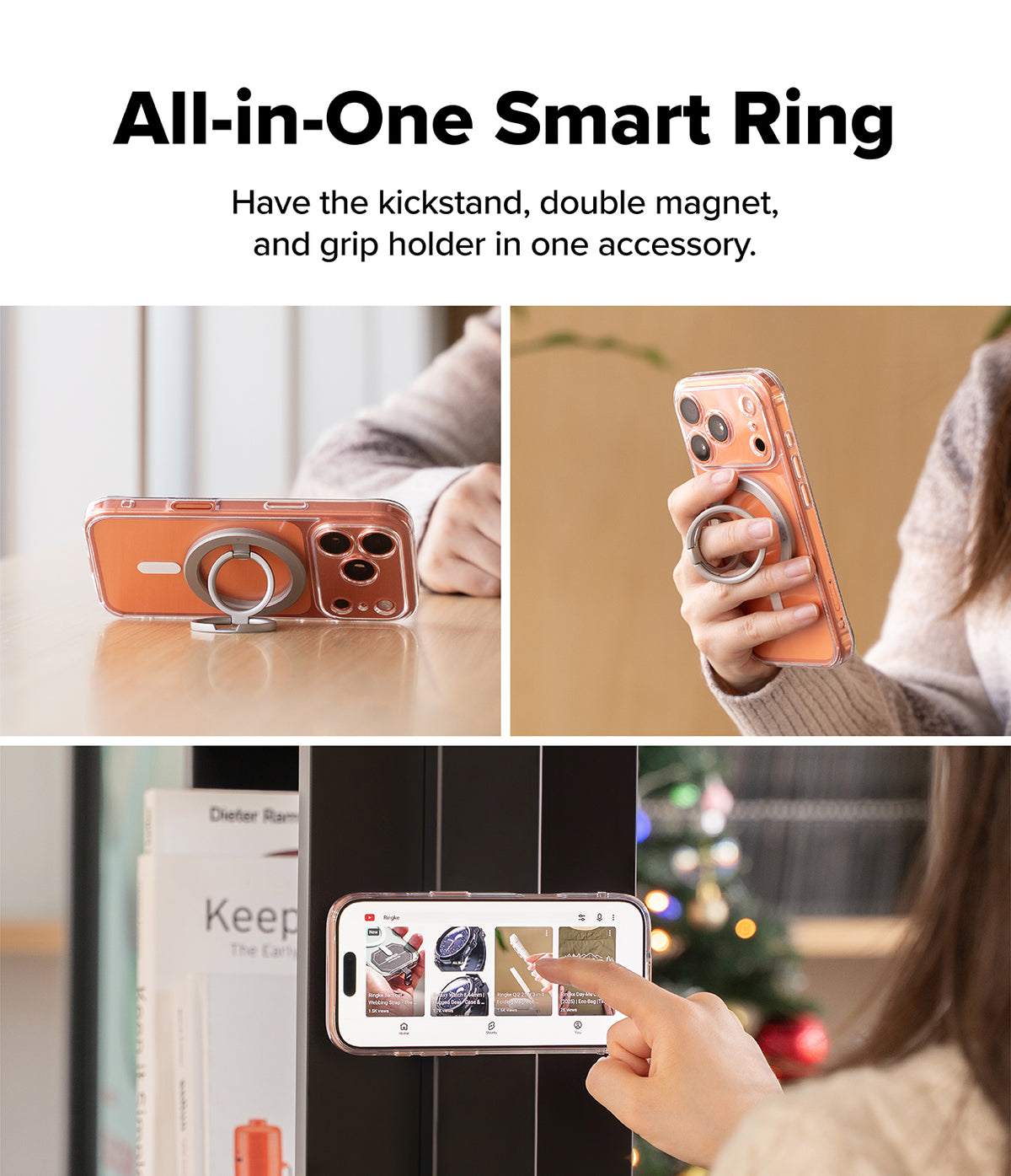 Dual Magnetic Smart Ring - A silver ring accessory on a phone case acting as a kickstand, finger grip, and magnetic mount.