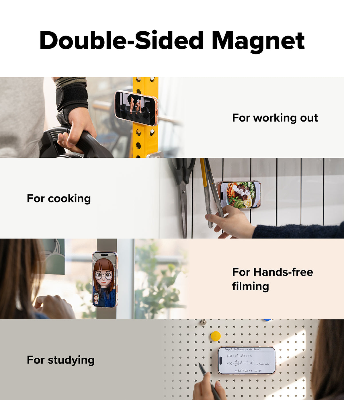 Dual Magnetic Smart Ring - Four panels showing a phone magnetically attached to gym equipment, a fridge, a window, and a pegboard.