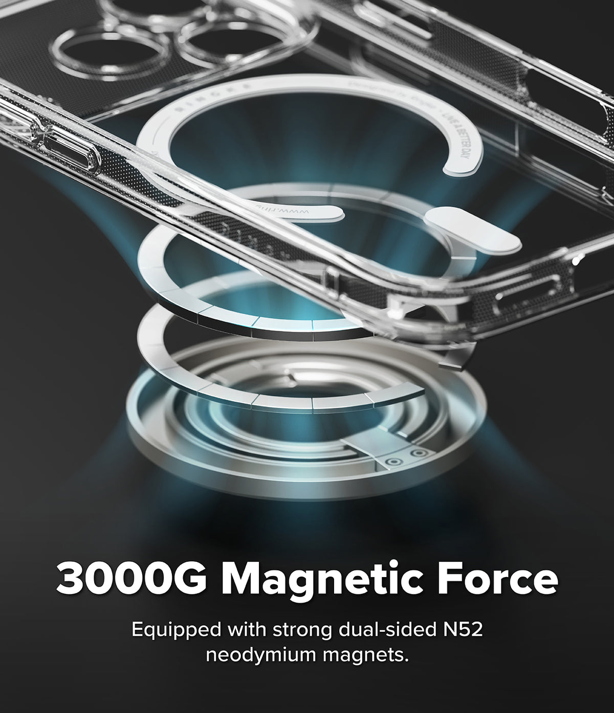 Dual Magnetic Smart Ring - Exploded view of a phone case and magnetic ring showing strong dual-sided N52 neodymium magnets.