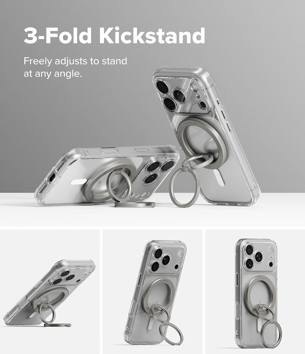 Dual Magnetic Smart Ring - A clear phone case with a silver magnetic ring stand shown in various folded positions.