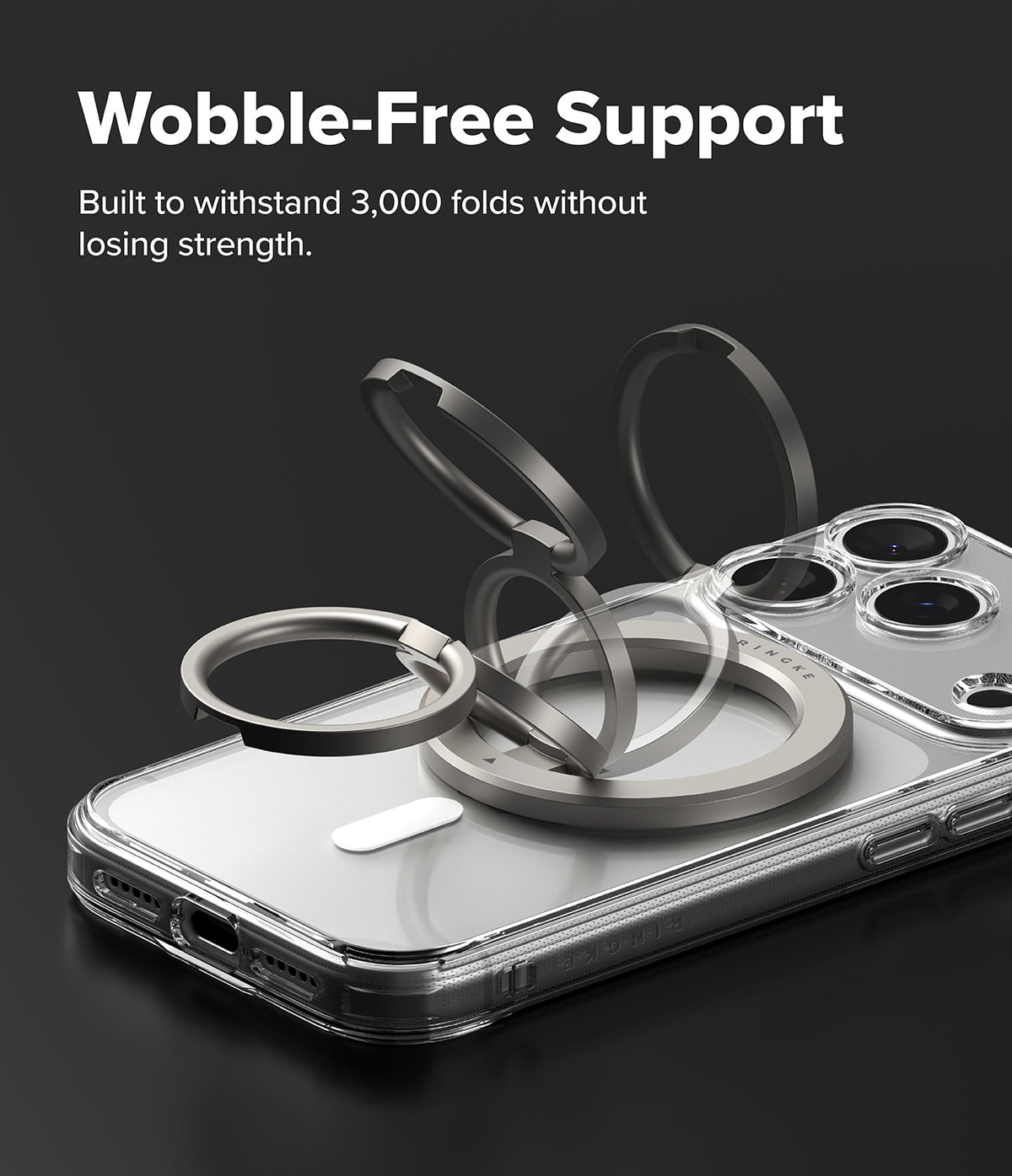 Dual Magnetic Smart Ring - A silver magnetic ring stand on a clear phone case, showing its folding motion and durability.
