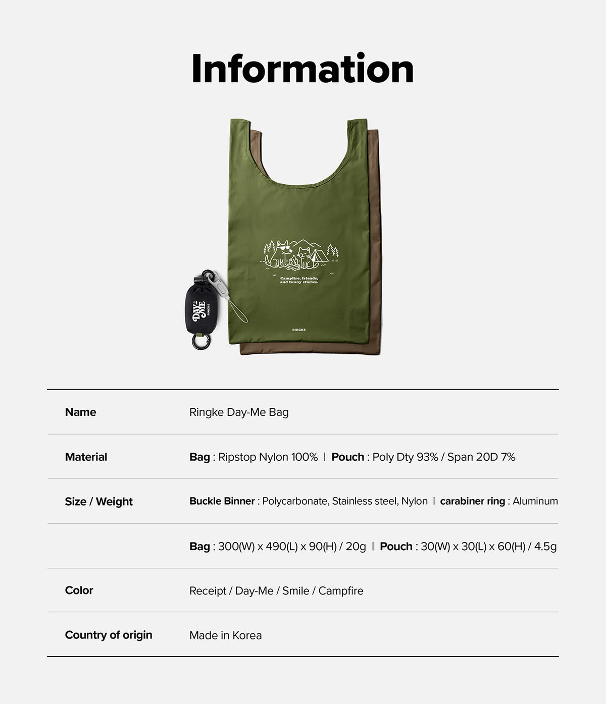 Day-Me Bag - Olive green tote bag with campfire graphic, small storage pouch, and product specifications table.