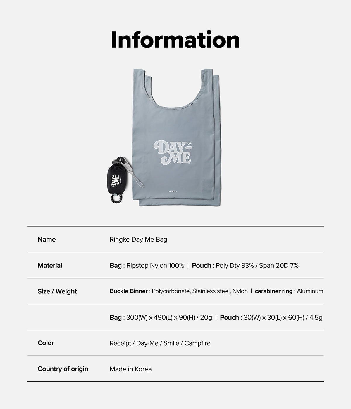 Day-Me Bag - A grey foldable shopping bag with a matching black storage pouch and carabiner, plus product specifications.
