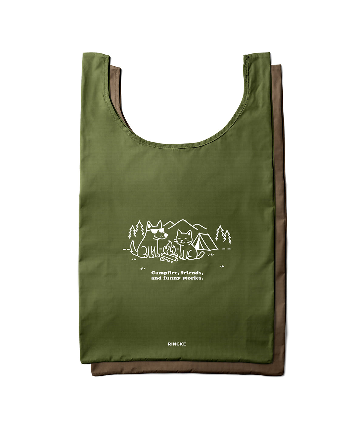 Day-Me Bag - Olive green tote with a white line-art graphic of a dog and cat camping with the text "Campfire, friends.