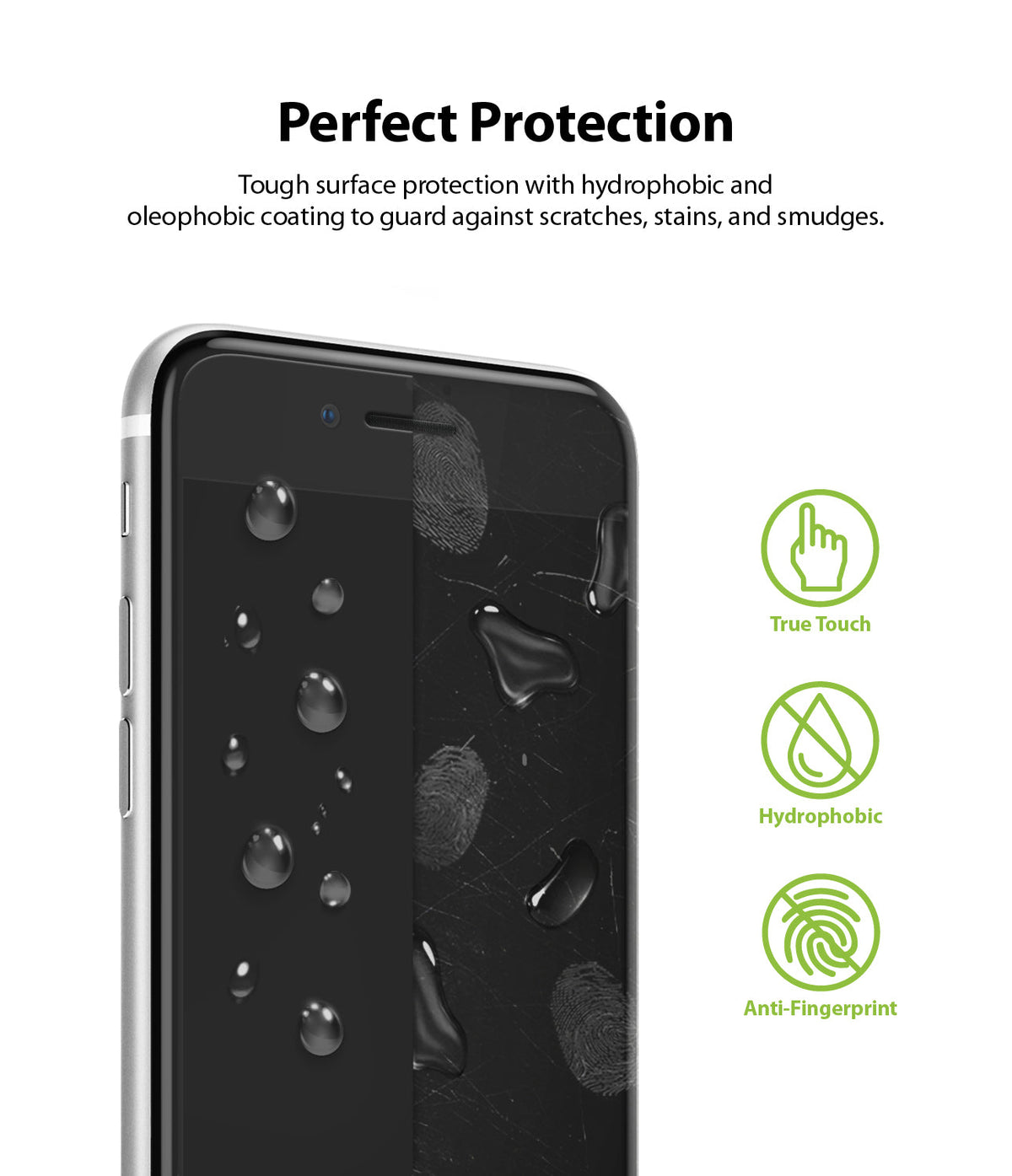 iPhone 7 / 8 / SE 2020 Screen Protector | Dual Easy Film - Split-screen view showing water-repellent and smudge-resistant film.