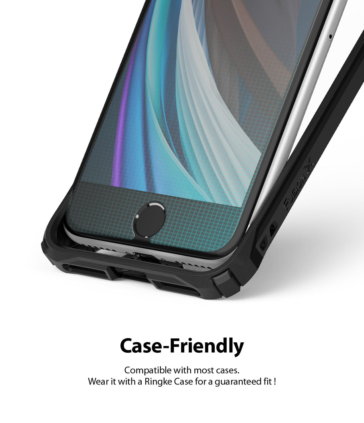 iPhone 7 / 8 / SE 2020 Screen Protector | Dual Easy Film - Smartphone with screen protector installed inside a black case.