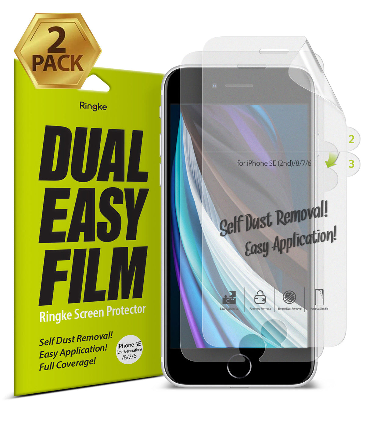 iPhone 7 / 8 / SE 2020 Screen Protector | Dual Easy Film - Two-pack screen protector kit with lime green packaging.