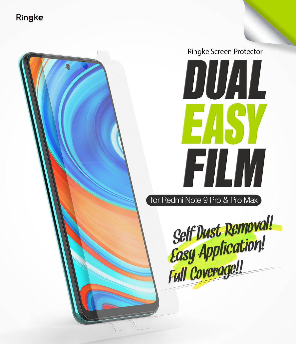 Redmi Note 9 Pro / 9 Pro Max Screen Protector | Dual Easy Film - Smartphone with screen protector and bold text overlay.