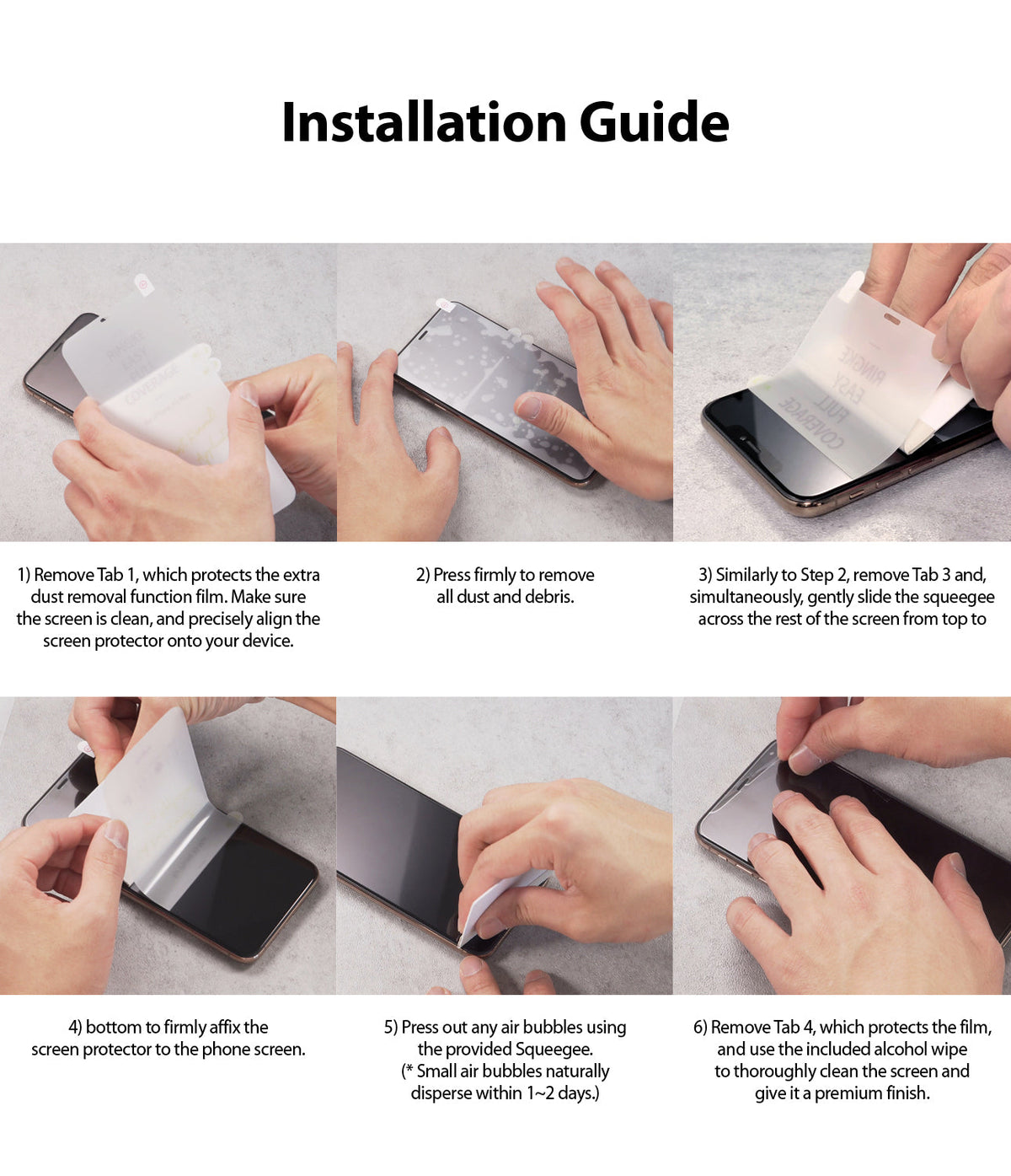 Redmi Note 9 Pro / 9 Pro Max Screen Protector | Dual Easy Film - Redmi Note 9 Pro / 9 Pro Max Screen Protector - Six-step visual guide showing hands applying a film to a smartphone.