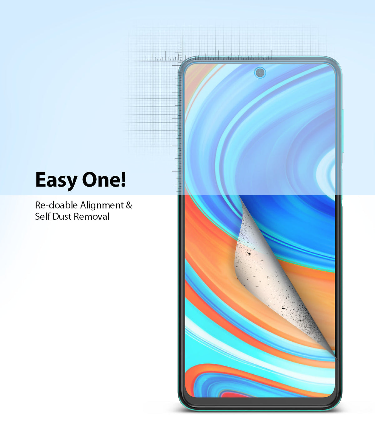 Redmi Note 9 Pro / 9 Pro Max Screen Protector | Dual Easy Film - Redmi Note 9 Pro / 9 Pro Max Screen Protector - Smartphone screen with a peeling protective film showing dust removal.
