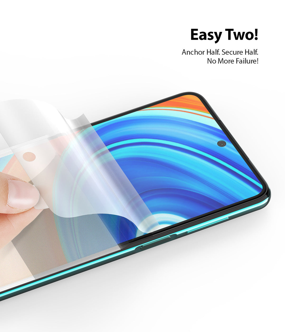 Redmi Note 9 Pro / 9 Pro Max Screen Protector | Dual Easy Film - Redmi Note 9 Pro / 9 Pro Max Screen Protector - Hand applying a clear protective film onto a smartphone screen.