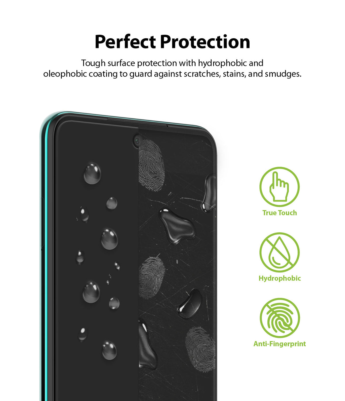 Redmi Note 9 Pro / 9 Pro Max Screen Protector | Dual Easy Film - Redmi Note 9 Pro / 9 Pro Max Screen Protector - Smartphone screen with water droplets and icons for touch, water, and oil.