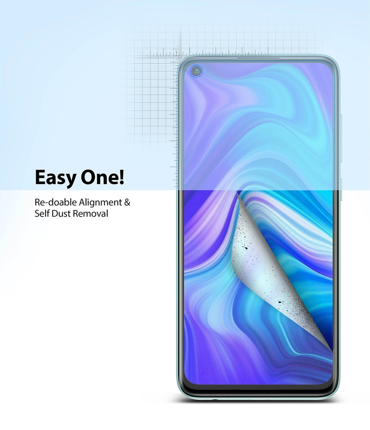 Redmi Note 9 Screen Protector | Dual Easy Film - Redmi Note 9 Screen Protector - Smartphone screen with a partially peeled film showing dust removal and alignment grid.