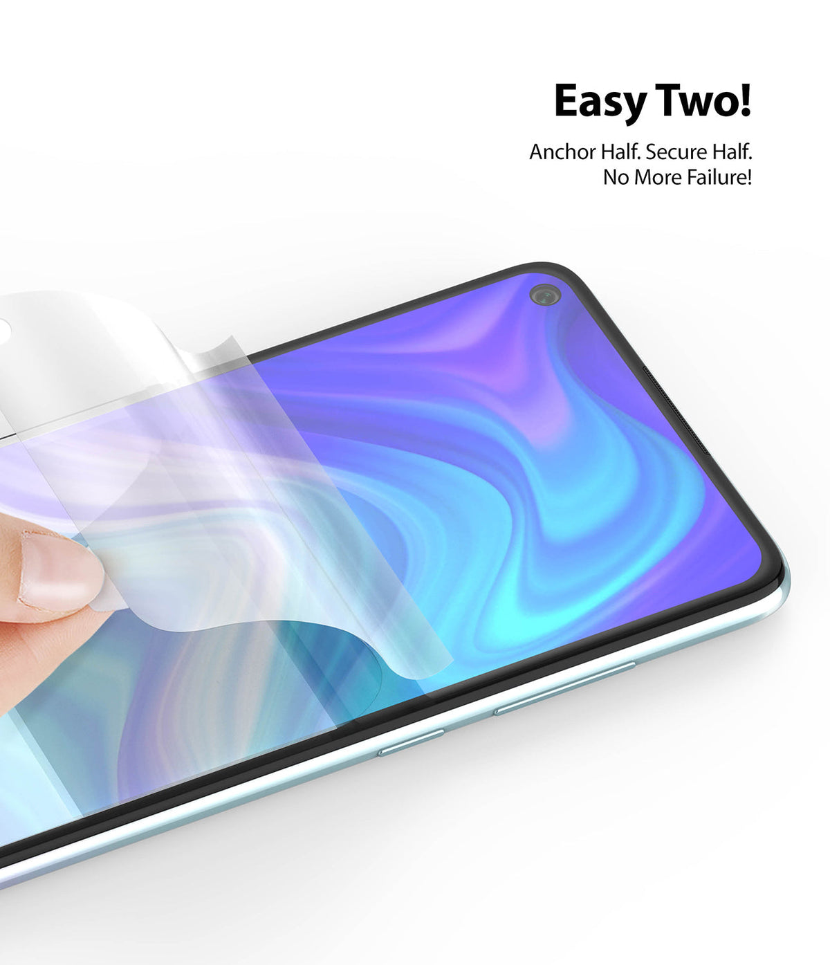 Redmi Note 9 Screen Protector | Dual Easy Film - Hand applying a clear screen protector film onto a smartphone screen.